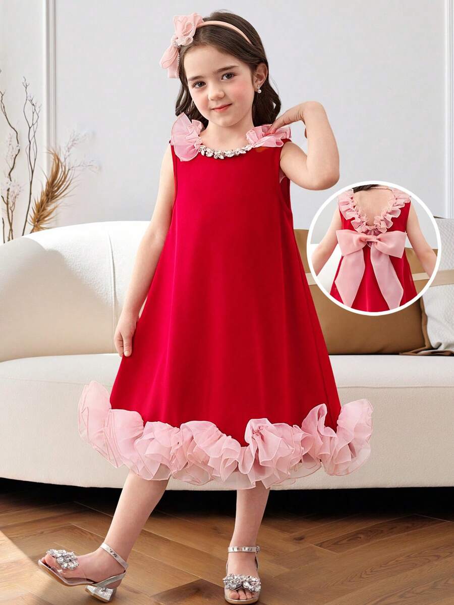 Young Girl Crystal Embellished Neck Contrast Color Ruffle Hem Red Summer Flower Girl Sleeveless Midi A-Line Cake Dress,Cute & Elegant Princess Party - Black - View 1