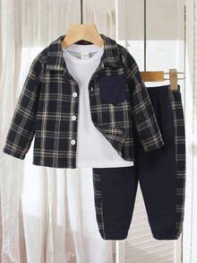 2pcs Set Toddler Boys' Navy Blue Plaid Collar Buttoned Long Sleeve Shirt & Pants,Autumn Casual Matching Family Back-To-School Contrast Color Pocket - Blue - View 1