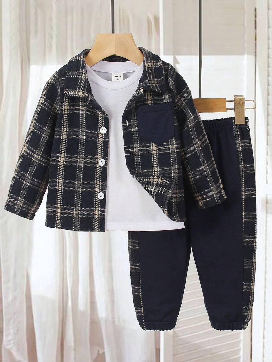 2pcs Set Toddler Boys' Navy Blue Plaid Collar Buttoned Long Sleeve Shirt & Pants,Autumn Casual Matching Family Back-To-School Contrast Color Pocket - Blue - View 1