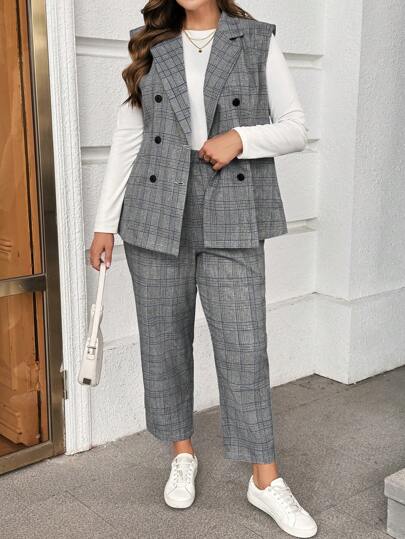 SHEIN Essnce Plus Size Women's Autumn And Winter Casual Gray Plaid Suit Vest And Trousers Two Pieces Set,Matching Outfits,Business Women Clothes,Work Women Clothes,Fall Winter Outfits,Teacher Clothes, Curve Plus,Old Money Style,Two Pieces Set, Pants Set,Teacher,Grey,Office Wear