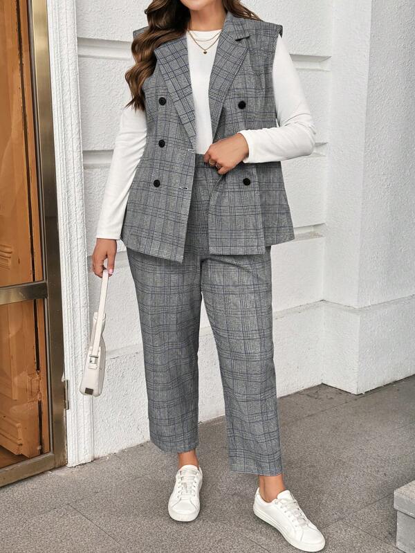 SHEIN Essnce Conjunto de chaleco y pantalones de cuadros grises de estilo casual de otoño e invierno para mujer talla grande, conjunto de dos piezas a juego, ropa de negocios para mujer, ropa de oficina, atuendos de otoño e invierno, ropa de maestra, curvas talla plus, estilo "old money", conjunto de dos piezas, pantalones, maestra, gris