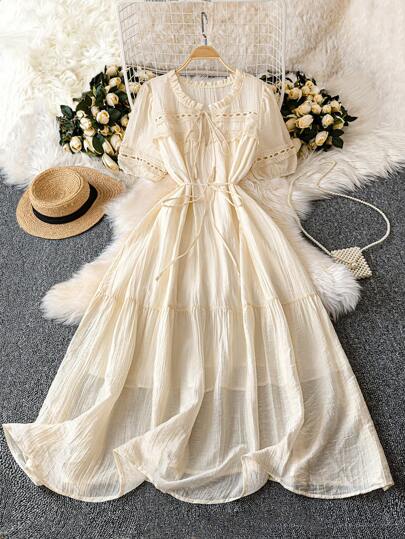 Celure Vestido de mujer talla grande con volantes en el bajo, cuello con volantes y borlas, cintura ajustable, color melocotón pálido texturizado, adecuado para salidas diarias, vacaciones, citas y cenas