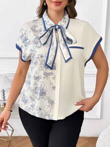 SHEIN Clasi Blusa elegante da donna taglie forti con stampa a blocchi di colore patchwork per l'ufficio