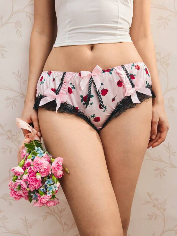 FloralLove Blumenmuster Satin Spitze Rüschen, Bogenkante Schleifen Dekor Damen Slip, Pink & Schwarz