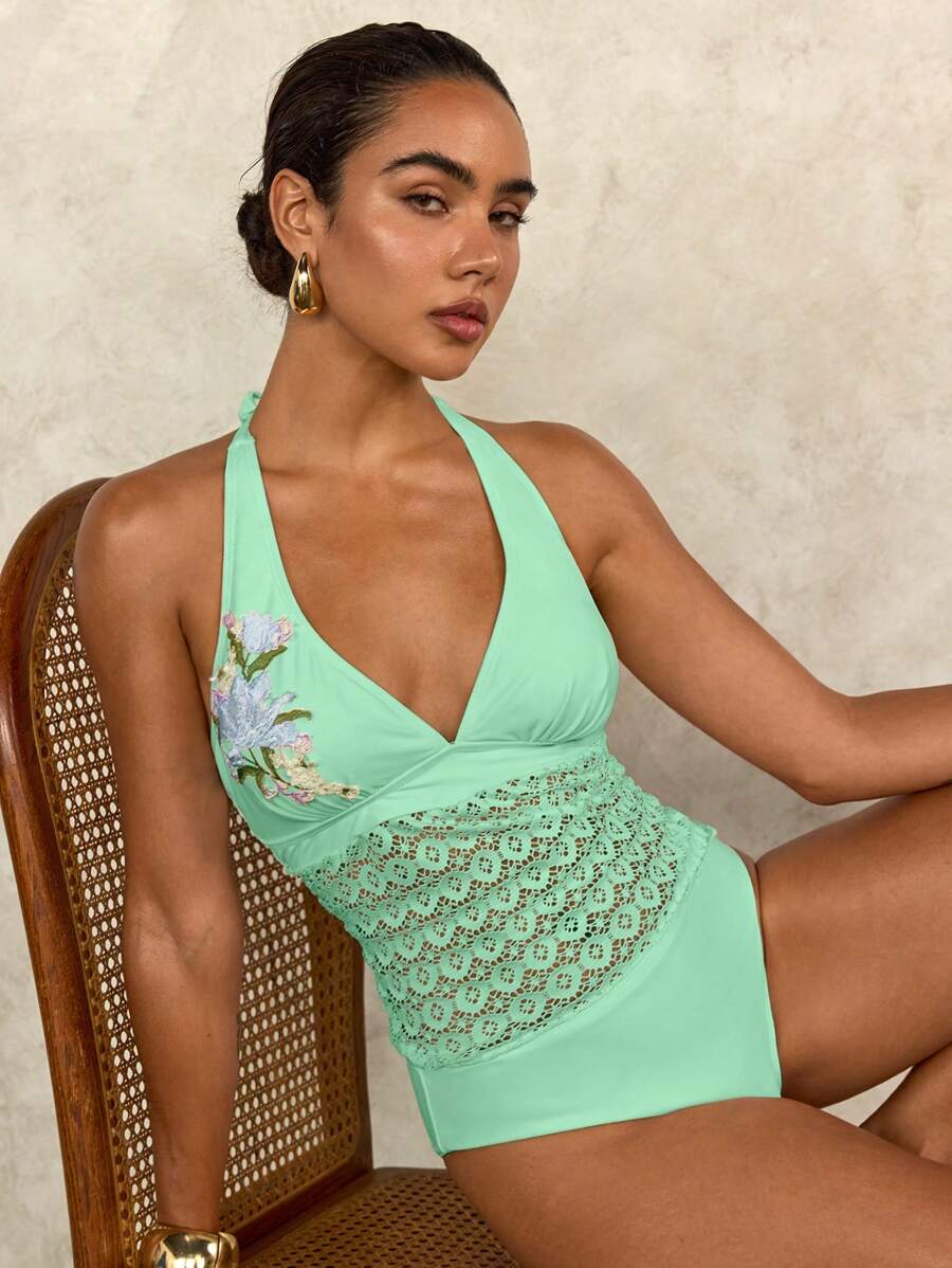 SHEIN Swim Áo bikini ren khoét rỗng thêu hoa màu xanh bạc hà và xanh lam thanh lịch dành cho nữ, phù hợp cho mùa xuân, mùa hè, hàng ngày, kỳ nghỉ bãi biển - Màu xanh Bạc hà - Xem 1