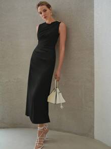 MOTF PREMIUM Vestido midi con decoración metálica fruncida