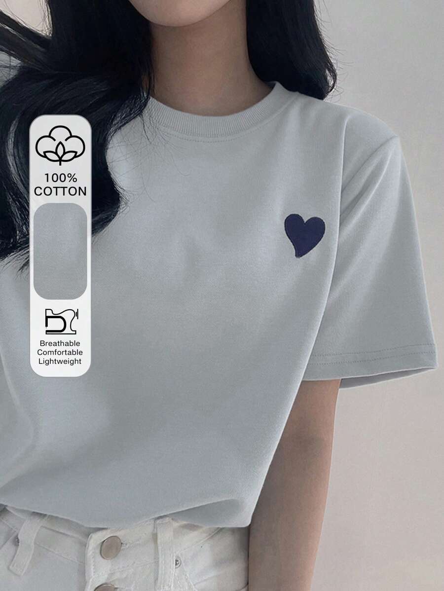 DAZY Kaos Wanita Leher Bulat Bordir Hati Warna Kontras Minimalis Grafis Atasan Lucu - Baby Blue - View 1