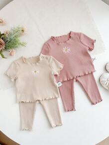 SHEIN 4件套新生女婴简约花卉刺绣圆领短袖和长裤针织罗纹睡衣套装 - 彩色 - 查看 1