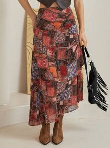 Dazy-Less Bohemian Geometric Print Ruffle Detail Skirt For Women, Summer - Red - View 7