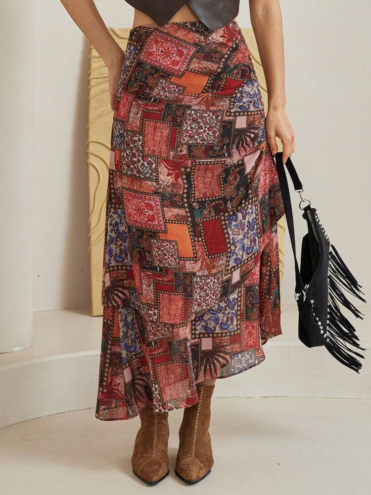 Bohemian Geometric Print Ruffle Detail Skirt For Women, Summer