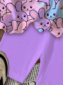 SHEIN Leap Crew 2pcs/Set Cute Cartoon Colorful Rabbit Print Tween Girls Casual Minimalist Short Sleeve T-Shirt And Shorts Set, Suitable For Summer