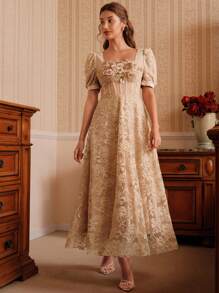 Savoree Spring/Summer New Elegant French Style Party/Date Dress, With Front Sequins Embroidery, Textured Fabric, Puff Sleeves, A-Line Hem, Waist Cinching, Apricot, Maxi Length - Apricot - View 2