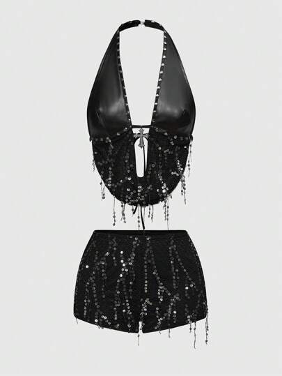 Grunge Punk Y2K Spice Girls Music Festival Outfit Metal Cross Pendant PU Splicing Fishnet Beads Swinging Collar Backless Halter Neck Women's Suit