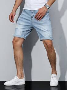 Manfinity Homme 大码男士休闲做旧水洗牛仔短裤