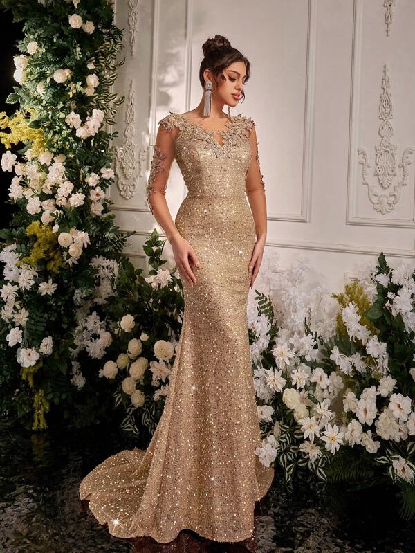 Glamrae Elegante vestido de noche de cola de pez con cuello en V, manga larga y cintura alta, en color contrastante con aplicaciones de malla, para invitada de boda, vestido de fiesta