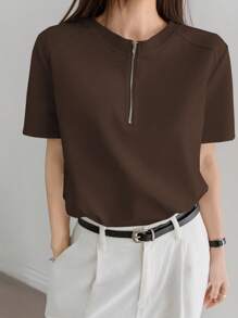 Dazy-Less Casual Solid Color Simple Half Open Front Short Sleeve Women T-Shirt Business Casual Women,Teacher - Brown - View 3