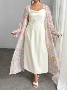 Modelyn 2 Pieces Set: Plus Size Tie-Dye Floral Print Long Sleeve Cardigan Jacket And Solid Color Slip Dress - Multicolor - View 6