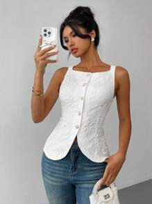 Gloray Ärmellose, elegante Damen Bluse mit Perlknöpfen vorn