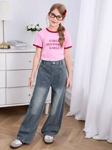 Tween Girls Light Wash Loose Straight-Leg Jeans With Split Line Stitching Design, Simple Fashionable And Versatile Casual Wear - Light Wash - View 3