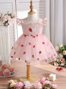 SHEIN Glamorique Kids Baby Girls Summer Sweet Strawberry Embroidered Cap Sleeve Mesh Dress, Suitable For Festivals, Gatherings, Parties, Birthdays, Vacations