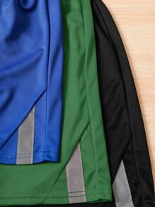 SHEIN Set de 3 pantalones cortos informales de parchwork con cintas reflectantes para adolescentes varones, en colores negro/gris/azul, para ropa deportiva y de estar en casa