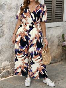 SHEIN LUNE 度假全身印花紧身连体裤，大码休闲度假装 - 紫色 - 查看 5