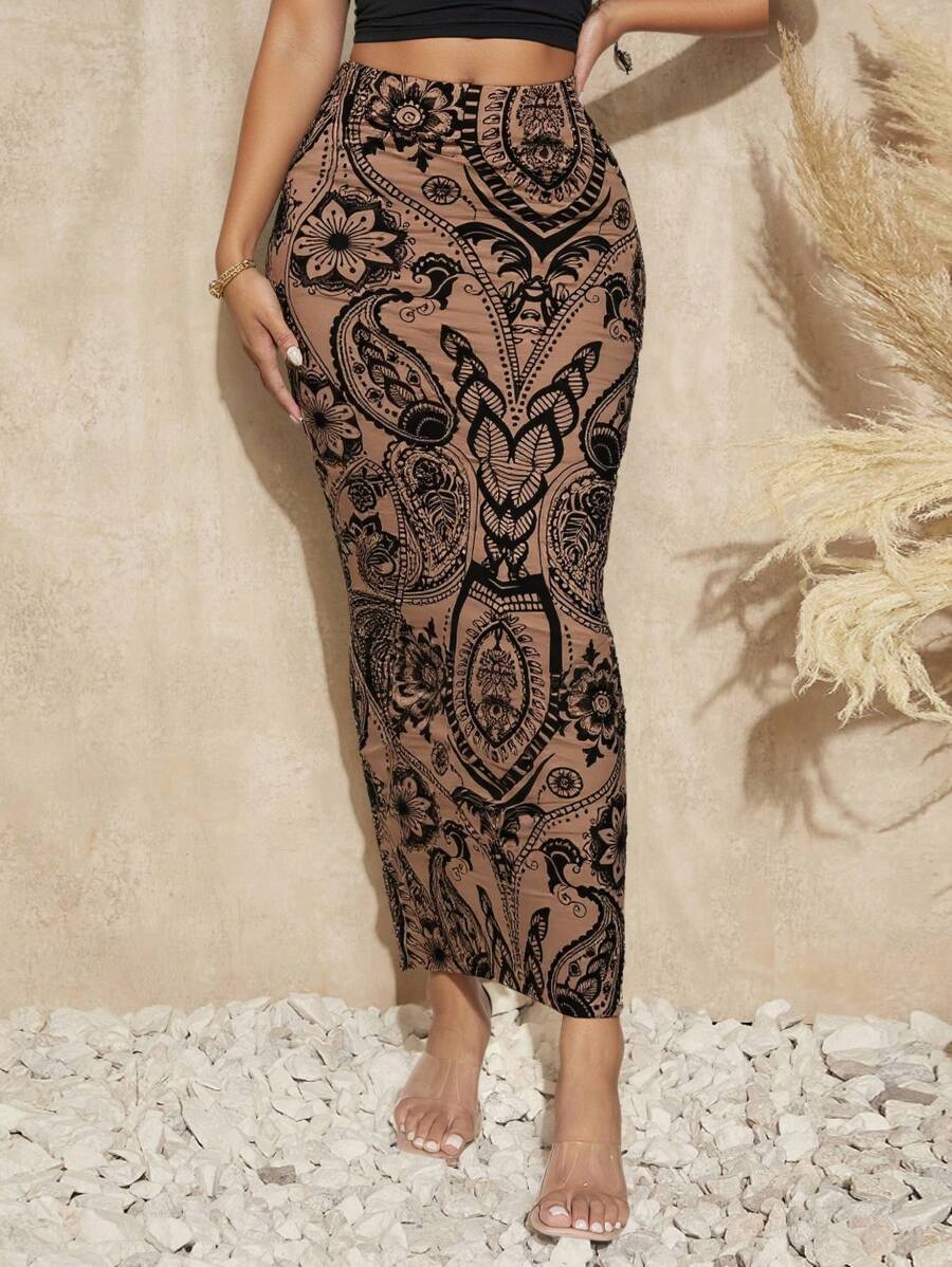 SHEIN SXY Khaki Mesh Flocked Paisley Pattern Skirt - Multicolor - View 1