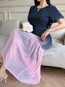DAZY Vestido de media longitud con mangas abullonadas, plisado y con efecto ombré para mujer, vestido de invitada de boda - Rosa - Ver 1