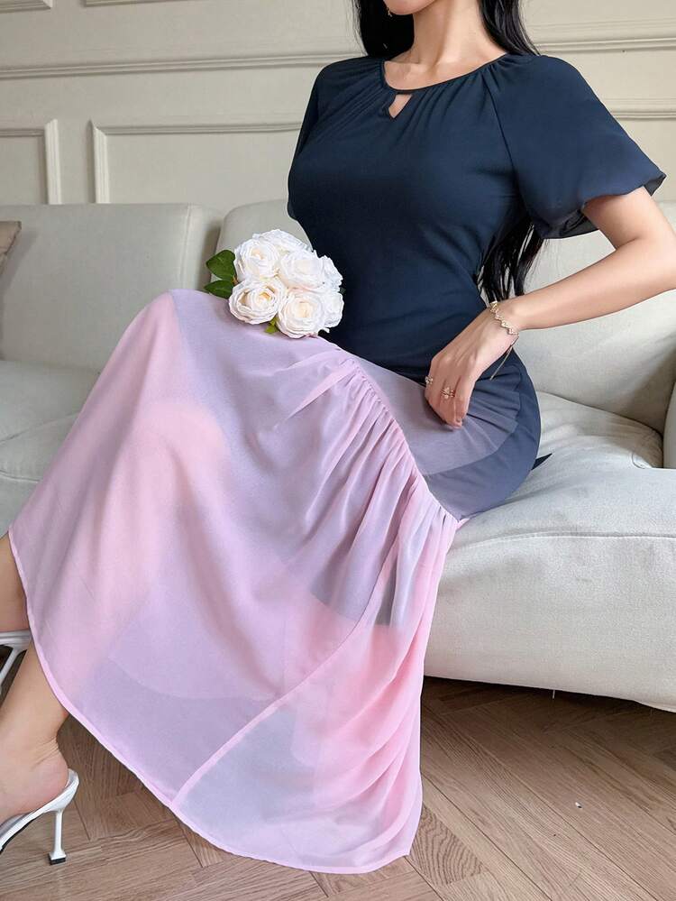 Ombre Pleated Tie-Up Puff Sleeve Mid-Length Dress For Women Wedding Guest Dress Sundress
