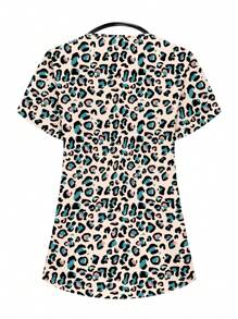 Leopard Print Short Sleeve Scrub Uniform Top - Multicolor - View 2