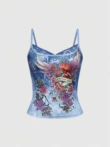 ROMWE J-Fashion Y2K Harajuku Babe Contrast Color Wing & Rose Patchwork Faux 2-In-1 Camisole - Blue - View 1