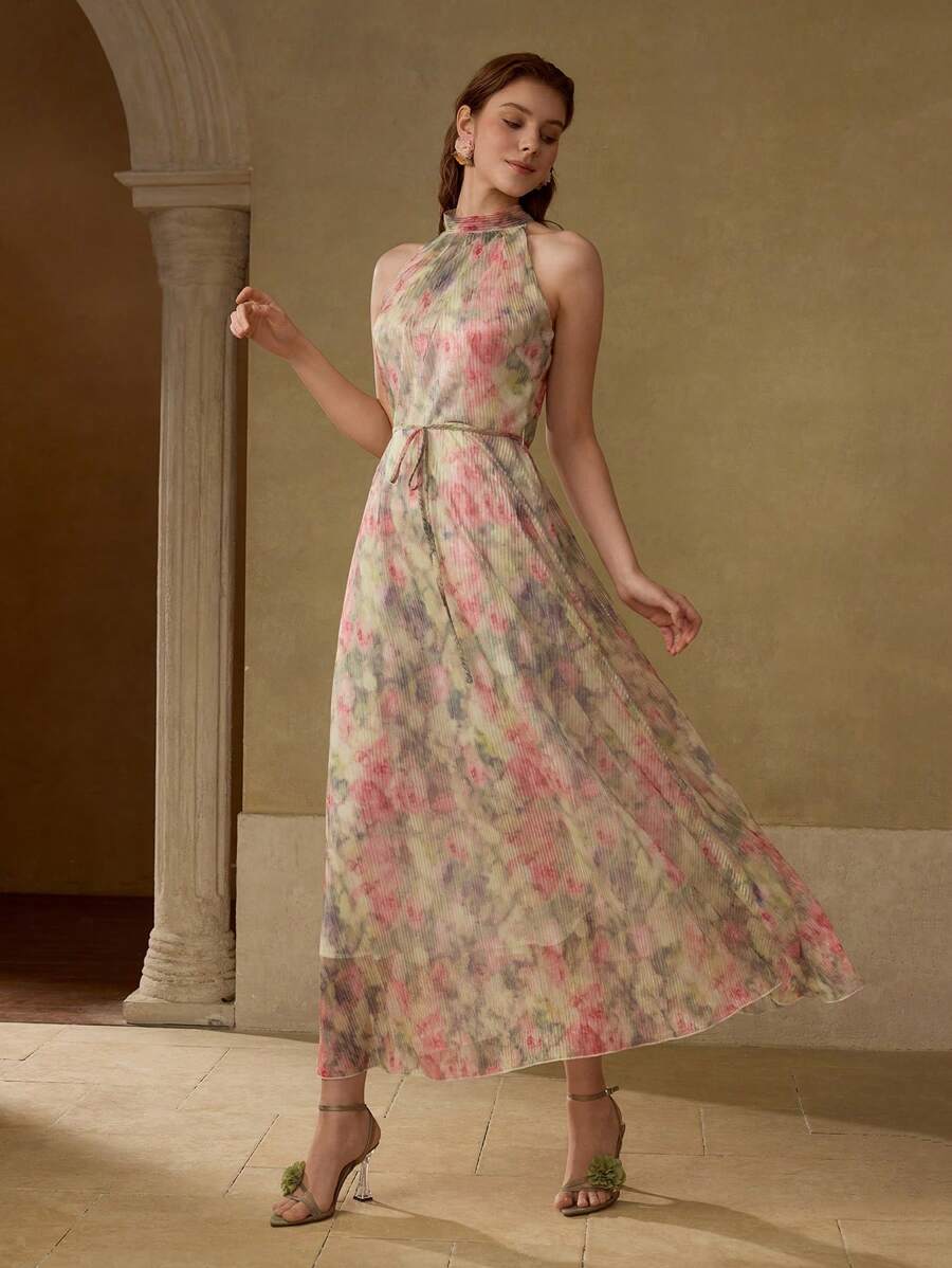 MOTF PREMIUM Kleid mit Allover-Muster und Gürtel