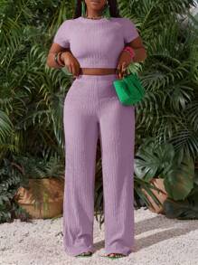 Slaydiva 新款休闲基础运动风春夏圆领短袖截短T恤+阔腿超长裤玫红色条纹纹理针织面料女两件套-I - 紫色 - 查看 5