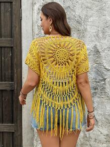 SHEIN VCAY Plus Size Women Casual Solid Color Hollow-Out Tassel Hem Knit Sweater