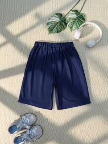 Girls' Casual Letter Print Drawstring Shorts, Summer - Navy Blue - View 3