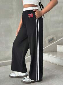 SHEIN Leap Crew Tween Girls Sporty Striped Contrast Print Straight Leg Pants - Black - View 1