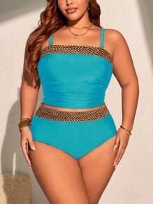 SHEIN Swim Curve 2pcs/Set Women Plus Size Black Crochet Patchwork Crop Top & High Waisted Crochet Patchwork Triangle Bottoms Bikini Set, Casual And Vacation Wear For Summer - Baby Blue - View 4