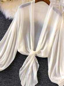 Plus Size Women's Summer Thin Lantern Sleeve Tie-Front Kimono Cardigan Winter Fall Autumn - Apricot - View 2