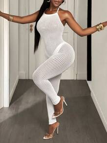 BamGleam 女式镂空渔网紧身连衣裤，低领 - 白色 - 查看 3