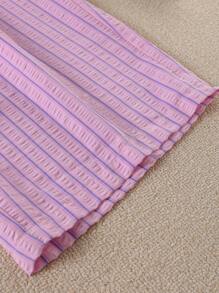 SHEIN LUNE 大码女式高腰系带条纹阔腿宽松休闲裤 - 粉色 - 查看 5