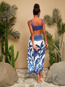 Travachic Women's Boho Maxi Dress: Blue And White Floral Print, Spaghetti Strap, Sleeveless, Flared Hem, Woven Fabric, Wrap Detail Long Dress