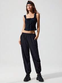 Menodora SHEIN Sport Pantalones de verano de unicolor con bolsillo para mujer - Negro - Ver 6