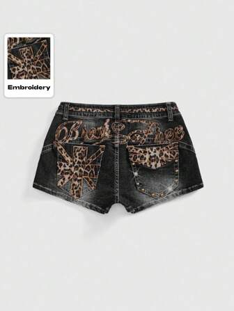 Grunge Punk Shorts de mezclilla con cintura súper baja, bordado de estampado de leopardo, para mujer, estilo K-pop Y2K, para fiestas, conciertos y festivales