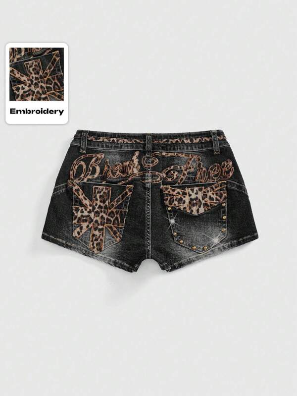 ROMWE Grunge Punk Pantaloni scurți din denim pentru femei, stil Y2K, cu talie joasă, broderie cu imprimeu leopard, ținută de concert/festival