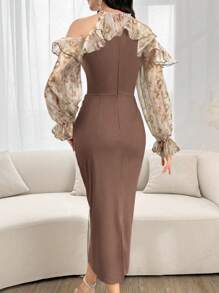 Modelyn Floral Print Ruffle Trim Flounce Sleeve Cold Shoulder Dress Long Evening Dresses - Khaki - View 2