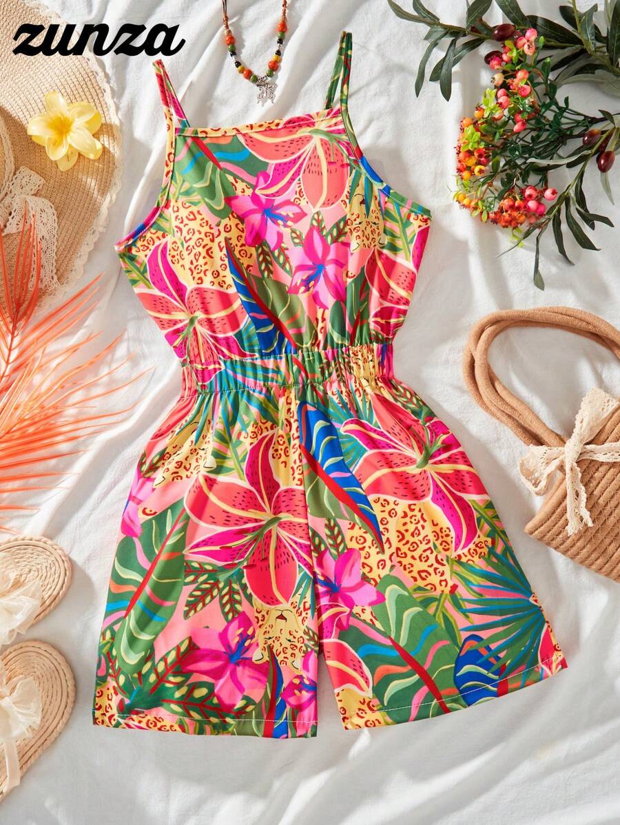 青少年女孩热带印花连体裤休闲夏季连体衣 - 彩色 - 查看 1