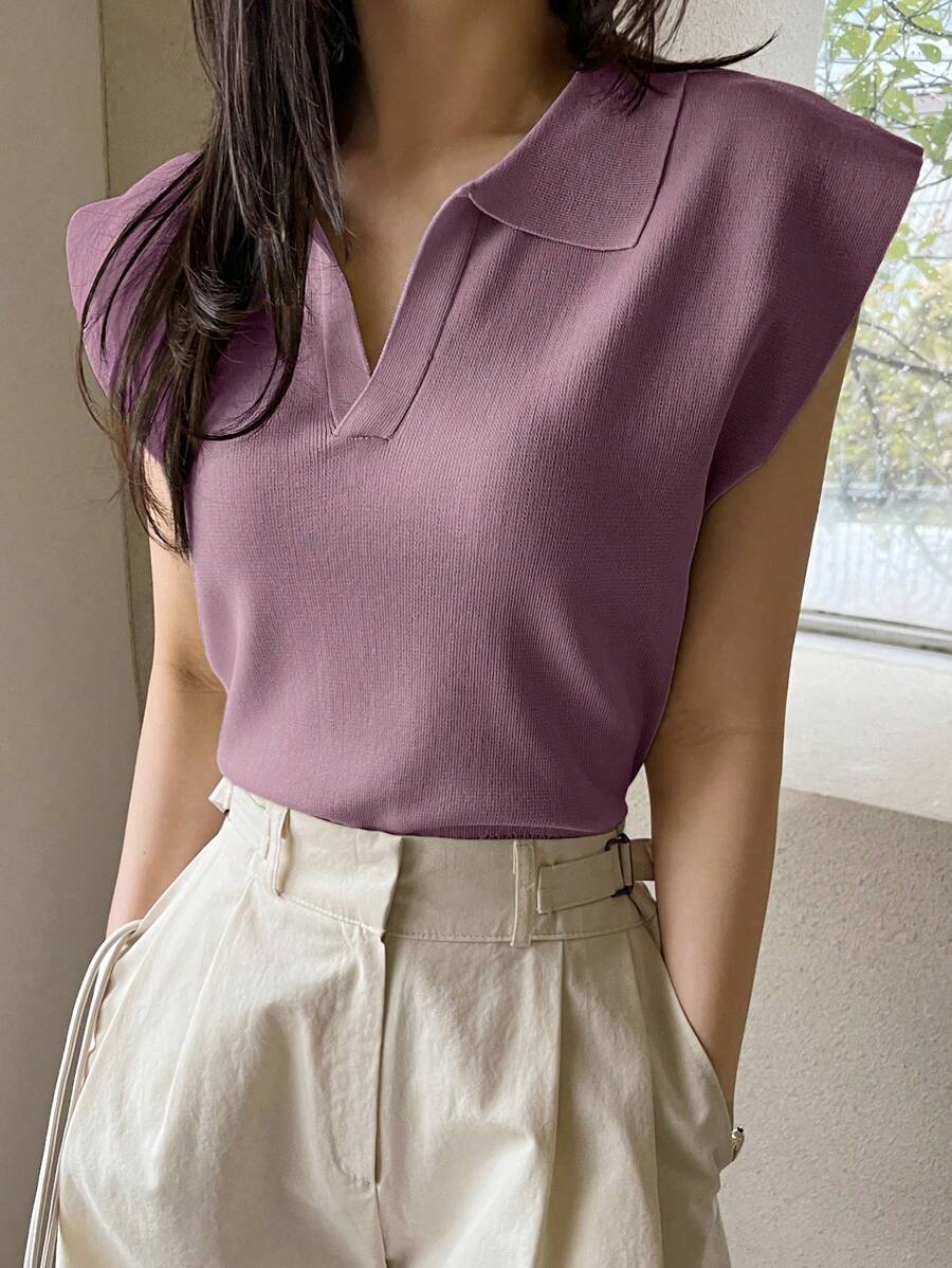 Dazy-Less 女士V领套头衫休闲商务针织毛衣上衣 - 紫色 - 查看 1