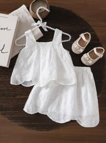 SHEIN 2 件套女孩时尚套装，怀旧甜美提花刺绣背心上衣和温柔风格裙子 - 白色 - 查看 7