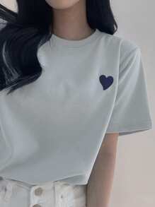 DAZY Kaos Wanita Leher Bulat Bordir Hati Warna Kontras Minimalis Grafis Atasan Lucu - Baby Blue - View 5