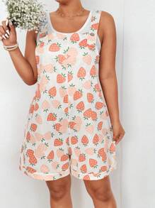 Flirla Combinaison d'été pour femme, décontractée et mignonne avec imprimé fraise, bretelles. Short slim ajusté à la cheville - Orange - Voir 5